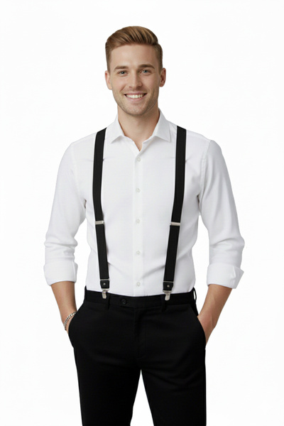 DeepSEA Unisex Black Leather Stretchable Elastic Adjustable Metal Clip Trouse...