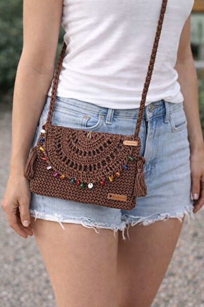 Gönülden Tasarım Hand Knitted Evil Eye Beaded 27x19cm Hanging Paper Rope Clut...