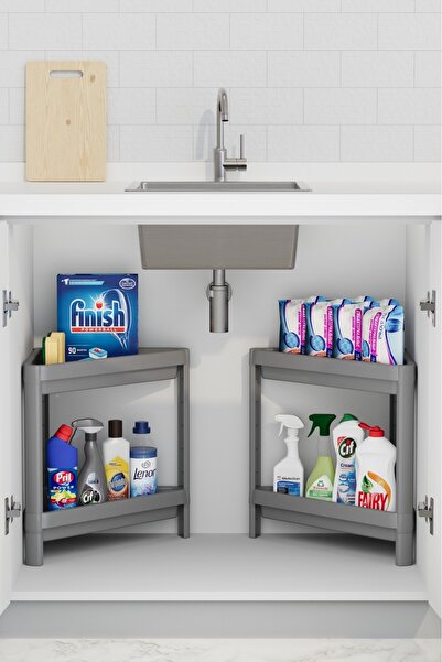 Evalins 2 Adet Üçgen 2 Katlı Köşe Raf Düzenleyici, Evye Altı ve Banyo Dolap İ...
