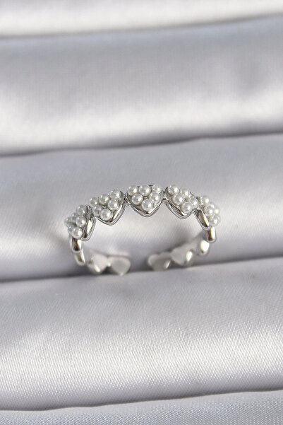 shopwave خاتم نسائي على شكل قلب من النحاس الفضي اللون قابل للتعديل مع لؤلؤ