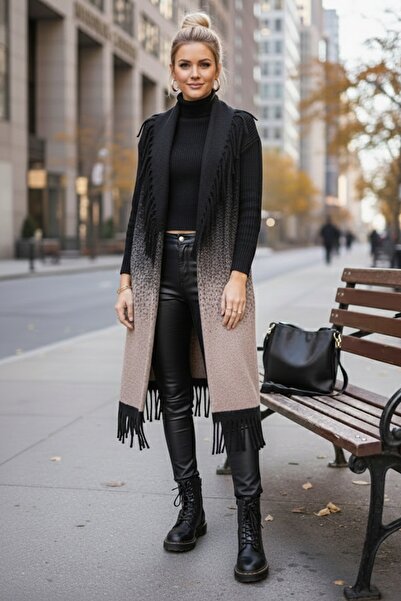 Chiccy Италиански черен и бежов шал с яка без ръкави с ресни, ежедневен дълъг...