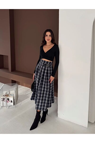 QBZ KEMER DETAYLI PİLELİ EKOSE KLOŞ ETEK