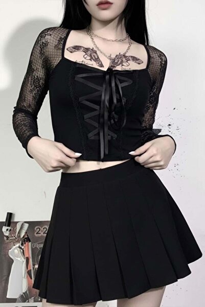 ARS Butik Harajuku Fashion Gothic Ribbon Binding Lace Detail Y2K Long Sleeve ...