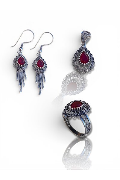 Mardinden El Yapımı Telkari Saçaklı Doğal Taşlı Oksitli Üçlü Takım – Yüzük Kü...