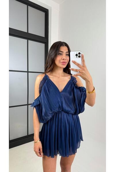 Gaus Lacivert Ayarlanabilir Askılı Parlak Şifon Tasarım Tulum Gaus00620