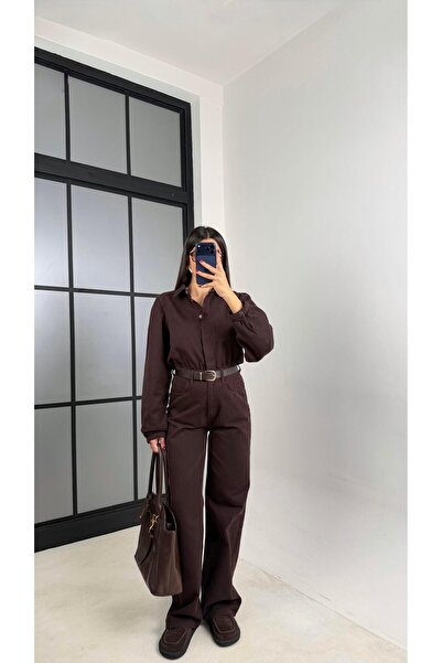 Gaus Kahve Kemerli Premium Denim Tulum GAUS-00739 GAUS-00673