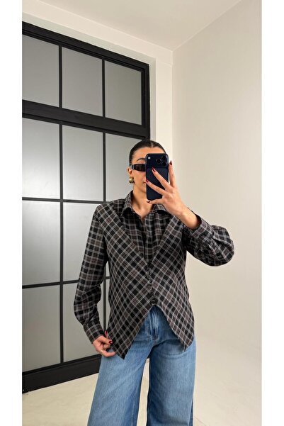 Gaus Siyah Ekose Ön Düğme Detaylı Kuşaklı Vatkalı Tasarım Gömlek GAUS-00769