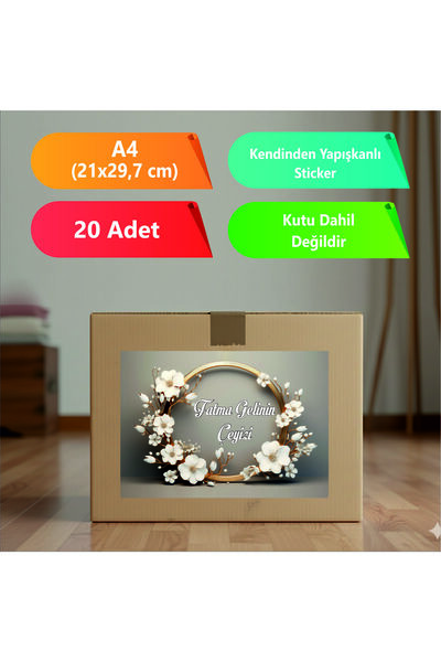 sticker Çeyiz Bohça Bavul Koli Etiketi Gelin 20 Adet A4 Baskılı Etiket