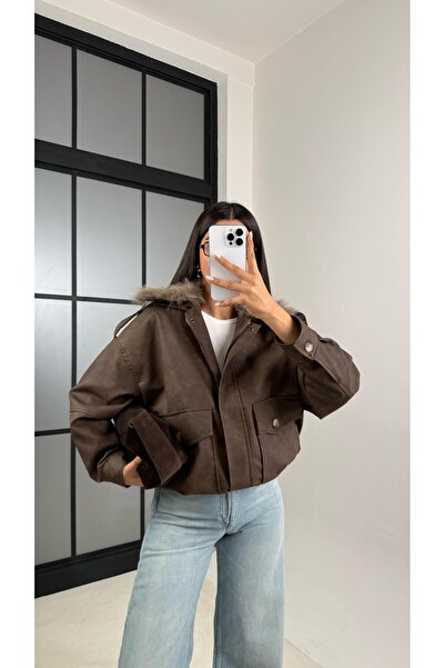 Gaus Kahve Çıkarılabilir Kürk Yaka Premium Süet Deri Mont GAUS-00500