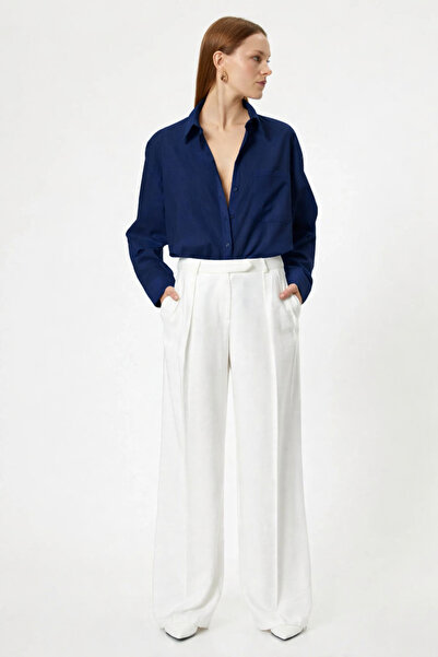 RAMİOR COLLECTION Women's Navy Blue 100% Linen Relaxed Fit Shirt