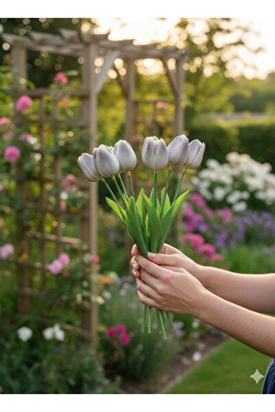 BAKBURAYA YAPAY ÇİÇEKÇİLİK 8-Piece White Gray Breezy Artificial Wet Tulip Hom...