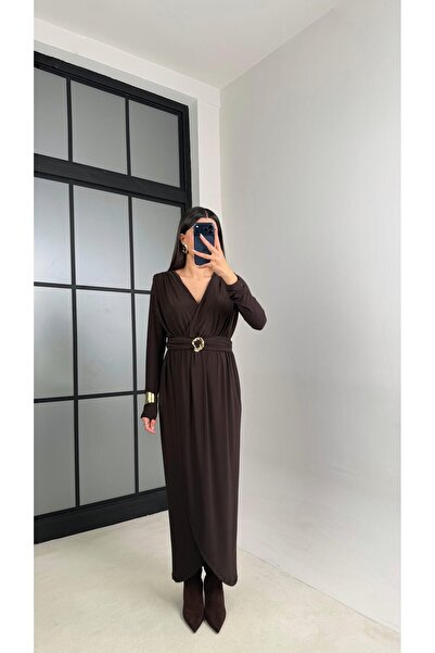 Gaus Acı Kahve V Yaka Yırtmaçlı Gold Tokalı Sandy Kumaş Elbise GAUS-00876