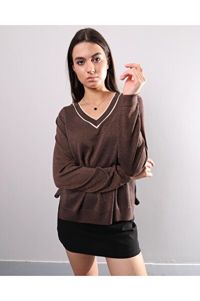 Jm Triko 337 VYaka İki Renkli Yanı Yırtmaçlı Simli Triko Bluz