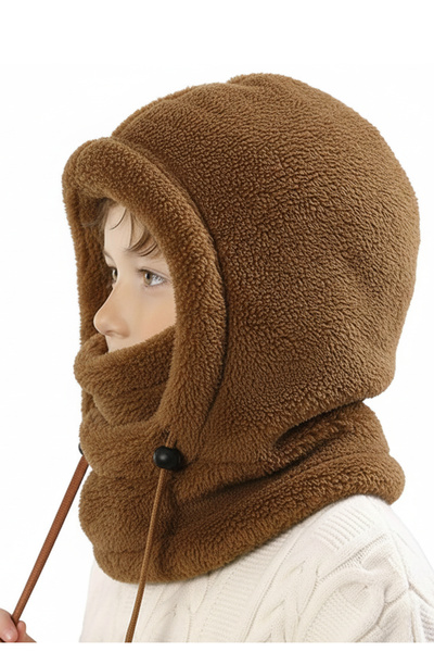 Leiste Kids-Wig Çocuk Kapşonlu Peluş Bere Atkı Polar Welsoft Boyunluk Şalı Rüzgar Geçirmez Şapka