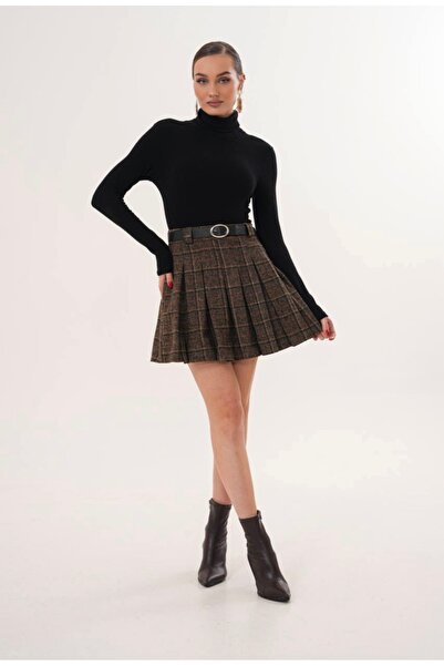 ABAGlobal Kadın Kahverengi Ekose Pileli Mini Etek