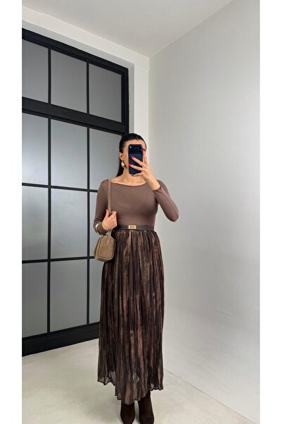 Gaus Yeşil Desenli Beli Lastikli Yarım Astarlı Şifon Etek GAUS-00923