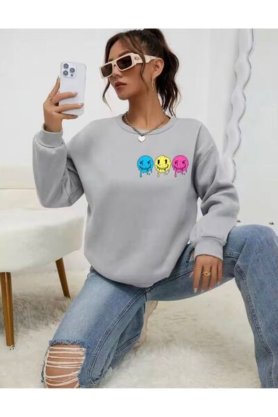 LELVANİ Colorful Smiley Face Emojis - Unisex Pattern Print Sweatshirt