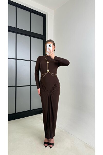 Gaus Acı Kahve Aksesuar Detaylı Tasarım Elbise GAUS-00922