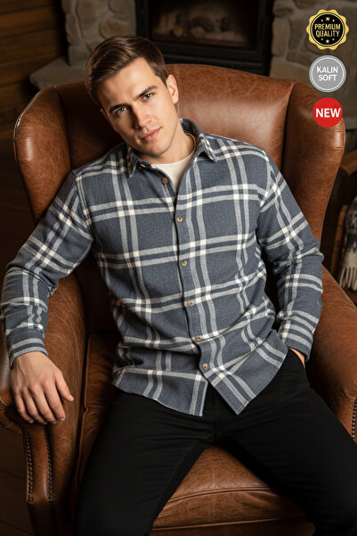 Teenage Millionaire Men's Indigo White 2-Line Plaid Lumberjack Thick Soft Tex...