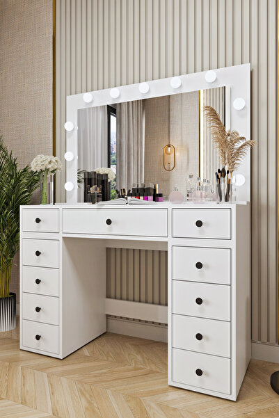 Ases Mobilya Asl54 Hollywood Işıklı Geniş Aynalı Makyaj Masası Bol Çekmeceli ...