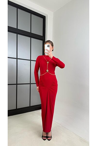 Gaus Kırmızı Aksesuar Detaylı Tasarım Elbise GAUS-00922