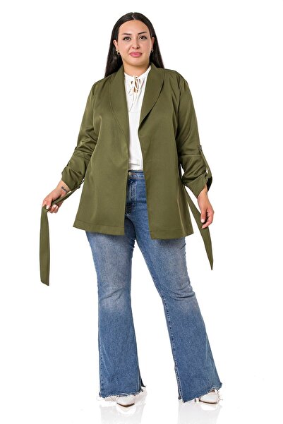 DISENTIS MODEST سترة كاكي ذات ياقة شال مقاس كبير وأكمام مطوية وحزام ذاتي