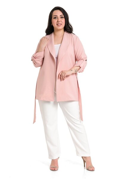 DISENTIS MODEST Plus Size Shawl Collar Self-Belted Folded Sleeves Powder Coat