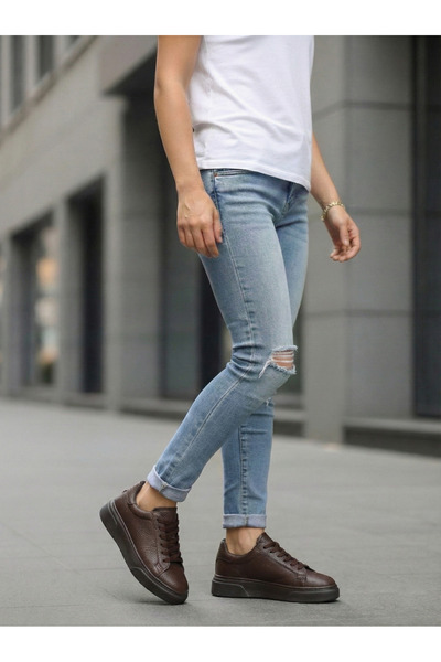 Bonjey Dark Brown High Thick Sole Textured Faux Leather Sneaker Casual Sports...