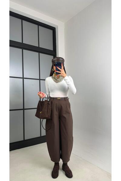 Gaus Kahve Beli Lastikli Poplin Balon Pantolon GAUS-00915