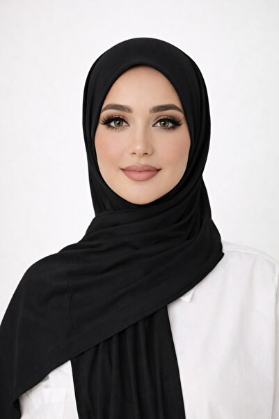 VALURESS Siyah Düz Penye Şal - Kadın Tesettür Jersey Hijab Lycra Shawl
