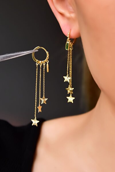 Nefertiti 925 Ayar Gümüş Gold Kaplama Üçlü Zincir Yıldız Lacivert Baget Taşlı...