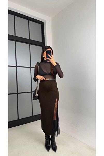 Gaus Kahve Dantel Yırtmaç Detaylı Triko Etek GAUS-00945