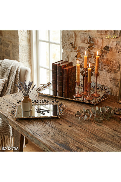 Hinora Siyah Taşlı Aynalı Şık Dekoratif Sunumluk 2Li Dikdörtgen Tepsi Seti 41...