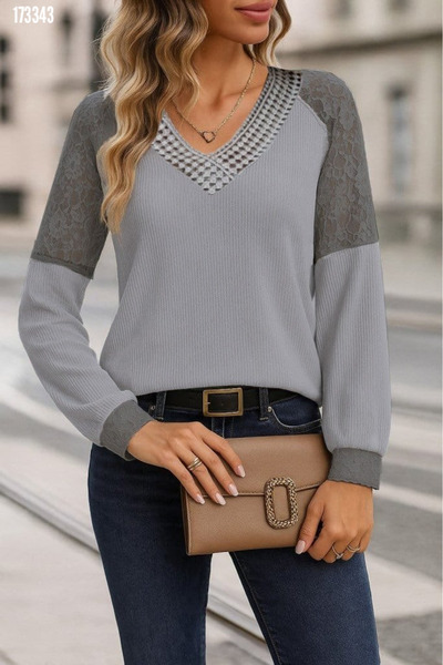 Kokosh moda Kadın V Yaka Uzun Kollu Waffle Bluz