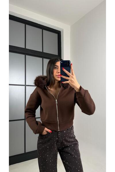 Gaus Kahve Kürk Yakalı Şardonlu Premium Sweatshirt GAUS-00959