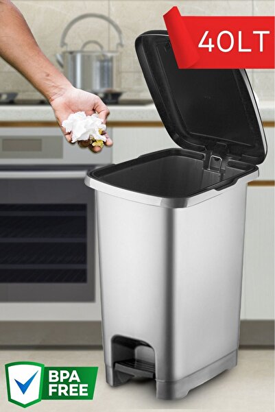Evalins Garby Slim 40L Pedallı Çöp Kovası, Gri Banyo ve Mutfak İçin Siyah Kap...