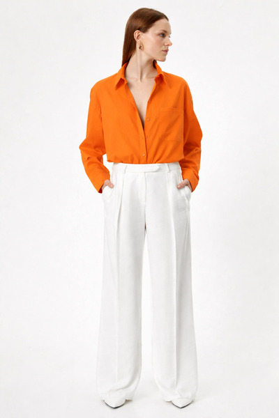 RAMİOR COLLECTION Women's Orange 100% Linen Relaxed Fit Shirt