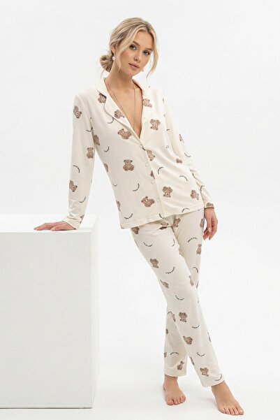 Rays 3421 طقم بيجامة بأزرار بنمط دمية الدب كريمي اللون