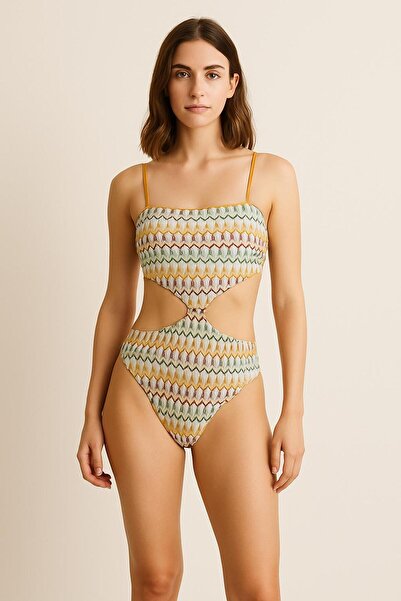 RAPAPA Costum de baie cu dungi, dintr-o singură piesă, cu imprimeu etnic, pen...