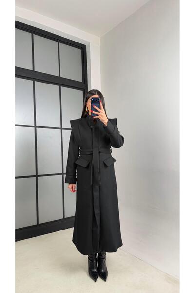 Gaus Siyah Astarlı Kuşaklı Cep Detaylı Premium Kaşe Kaban GAUS-00963