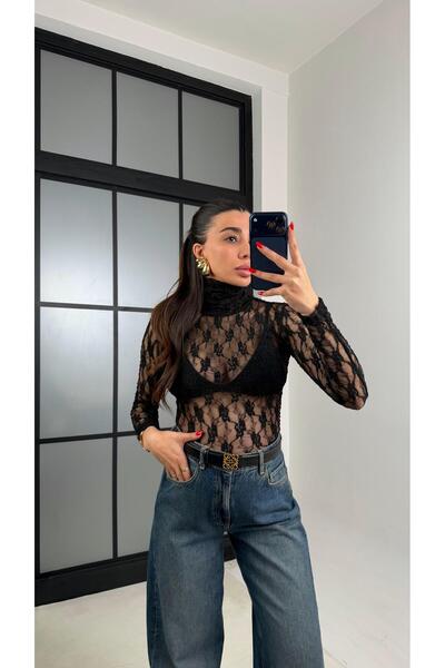 Gaus Siyah Balıkçı Yaka Dantel Bluz GAUS-00932