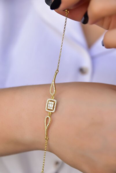 Nefertiti 925 Ayar Gümüş Gold Kaplama Baget Taşlı Bileklik Baget