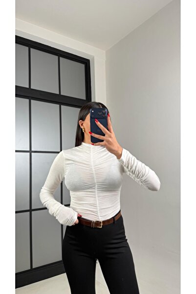 Gaus Beyaz Drape Detaylı Transparan Bluz GAUS-01005