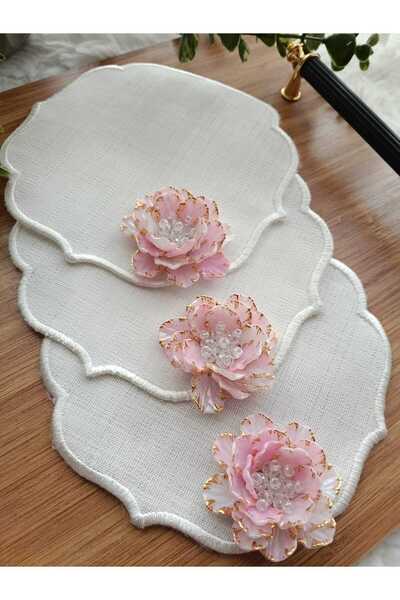 ZEYNEP ELA KAHVE YANI PEMBE ÇİÇEKLİ SUNUM PEÇETE 3 ADET