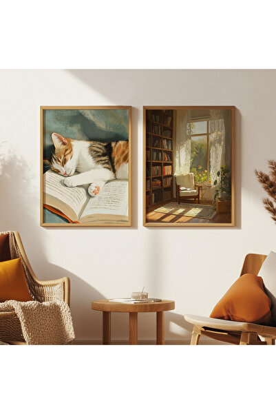 woodhomeworks 2-Piece Painting with Wooden Frame, My Room and My Cat