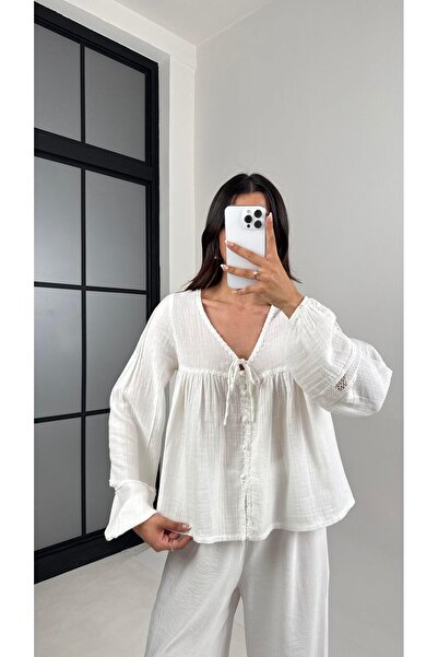 Gaus Beyaz Önden Bağlamalı Düğmeli Nakış İşlemeli Gömlek Gaus00575