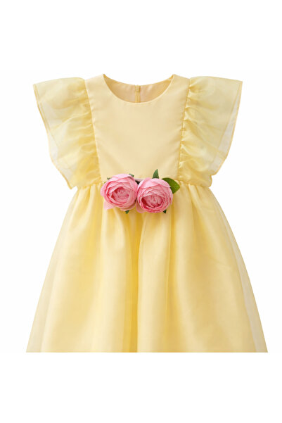 NUUR GIRLS فستان بناتي من التفتا والشيفون بخصر مزين بالزهور باللون الأصفر DR-636
