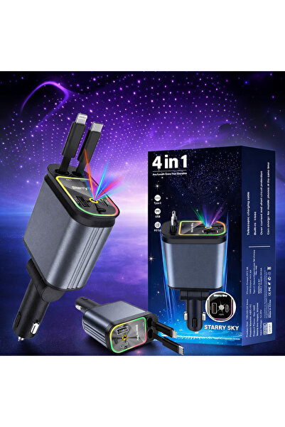 Generic 4 in 1 Car Charger with Retractable Cable, USB-C and USB-A Outputs, L...