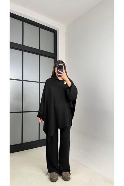 Gaus Siyah Gold Tokalı Pelerin Bluz Beli Lastikli Pantolon Modal Kumaş Takım ...