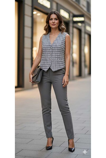 MODA Twit metal düğmeli ekoseli moden dokunuşlu şık yelek